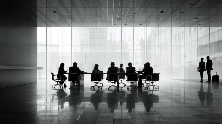 Mesa institucional com diferentes participantes reunidos diante de uma grande superfície de vidro.