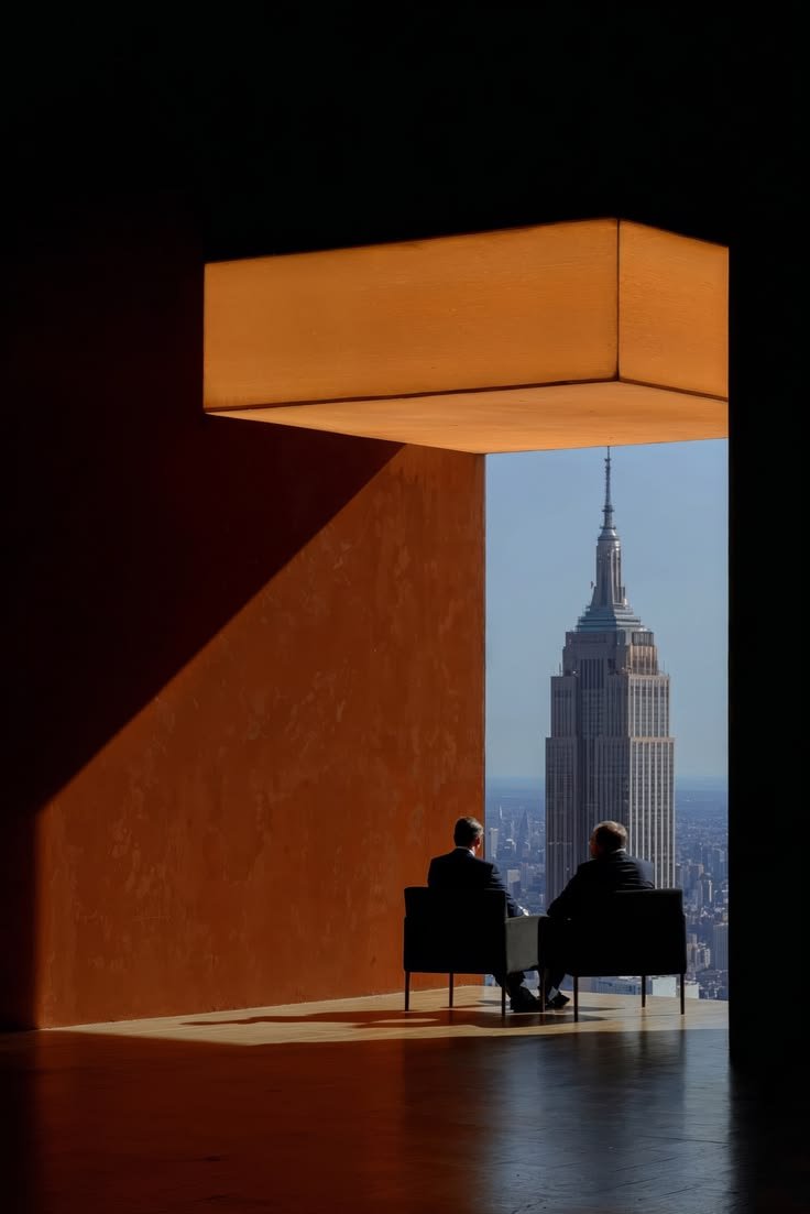 Dois decisores conversam em um espaço reservado com vista para um centro financeiro.