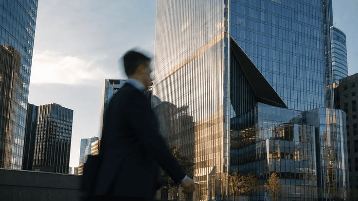 Distrito corporativo com uma figura em movimento entre edifícios de escala institucional.